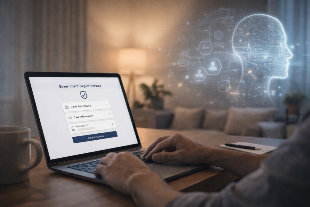 How to Clear Travel Bans & Manage Police Cases Online with the New Dubai Police Digital Platform Person using a laptop at home with abstract AI-style graphics in the background, representing AI-assisted digital government services.