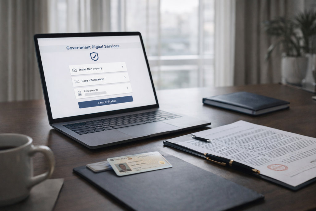 Professional desk setup with a laptop, Emirates ID card, and legal Clear Travel Bans documents arranged neatly, representing secure online case management.