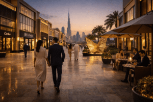 A couple walks hand in hand along an upscale shopping street at sunset, with the city skyline and a large butterfly sculpture in the background.