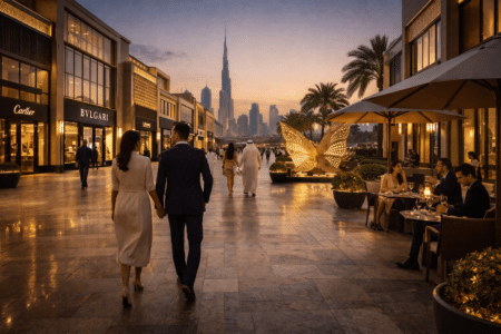 A couple walks hand in hand along an upscale shopping street at sunset, with the city skyline and a large butterfly sculpture in the background.