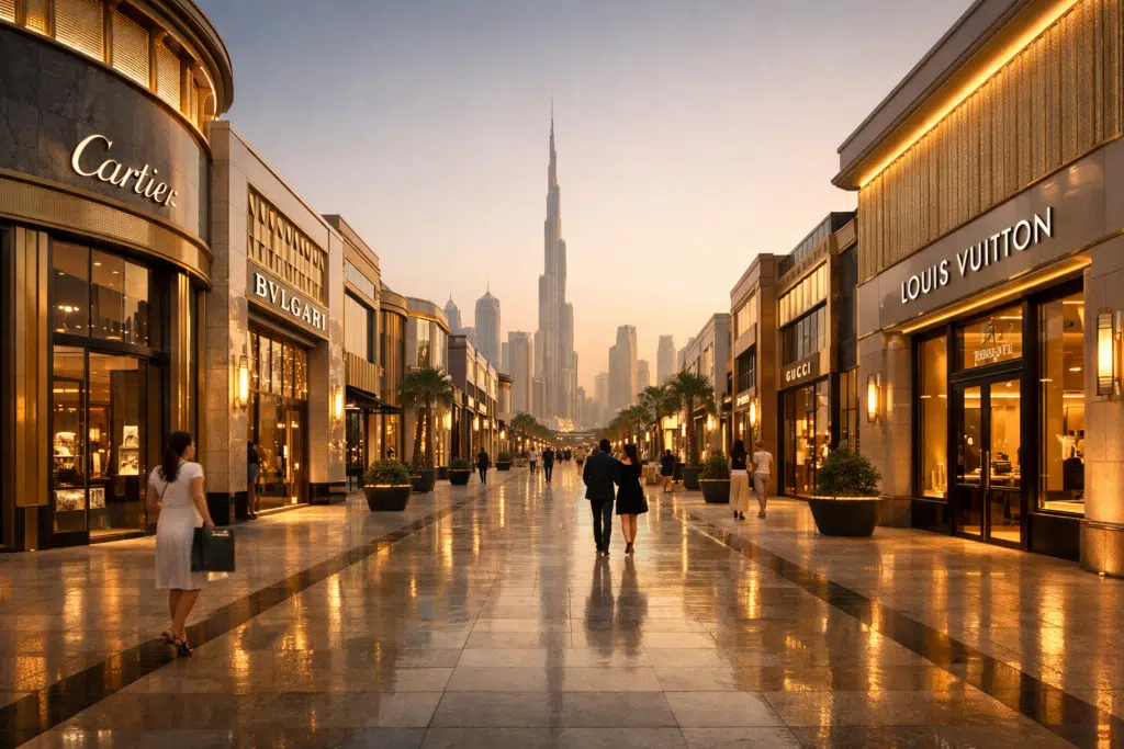 A luxurious shopping Gold Street at sunset with high-end stores like Cartier, Bulgari, and Louis Vuitton, featuring the Burj Khalifa in the background.