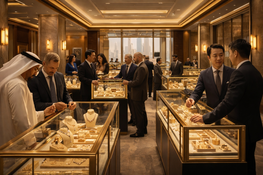People in formal attire browse jewelry displays in an upscale, well-lit store with a city view in the background.