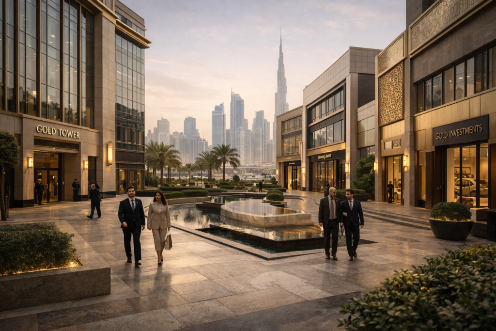 People in formal attire walk through a modern plaza with a fountain, with a city skyline visible in the background.
