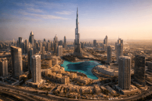 Aerial view of Downtown Dubai skyline featuring Burj Khalifa, highlighting the scale and growth of Dubai Real Estate in the city’s commercial and residential core.