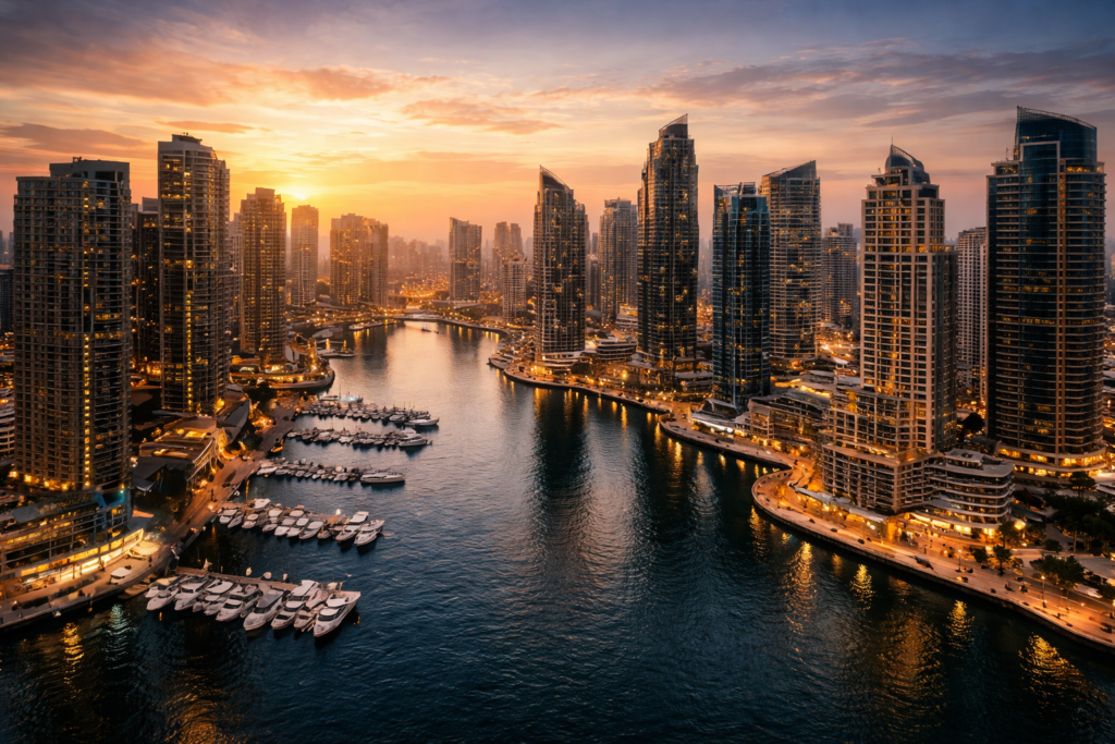 Business Bay and Dubai Canal at sunset, showcasing modern towers and infrastructure that drive transaction volume in Dubai Real Estate.