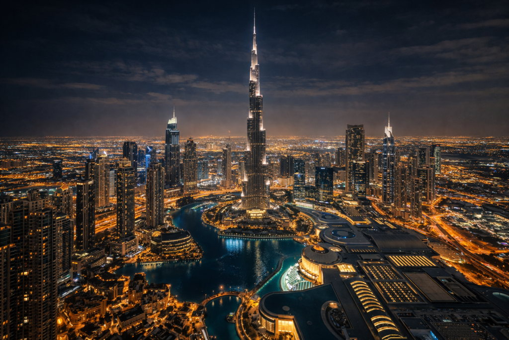 Night-time aerial view of Downtown Dubai with Burj Khalifa illuminated, highlighting the scale, density, and investment confidence driving Dubai Real Estate.