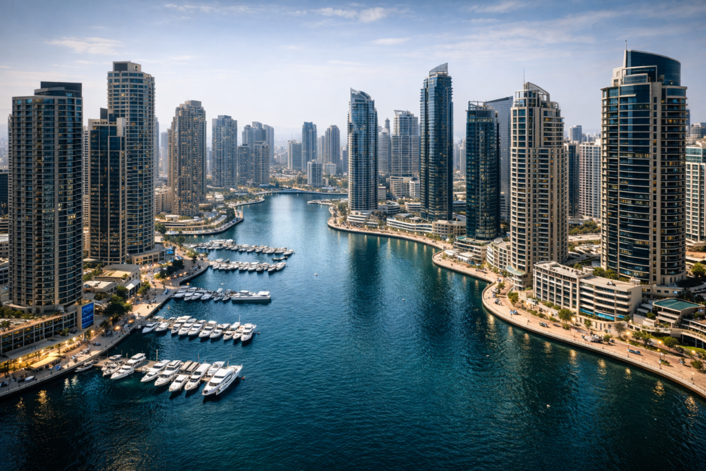 Daytime aerial view of Dubai Marina with waterfront towers and yachts, illustrating strong demand and prime residential activity within Dubai Real Estate.