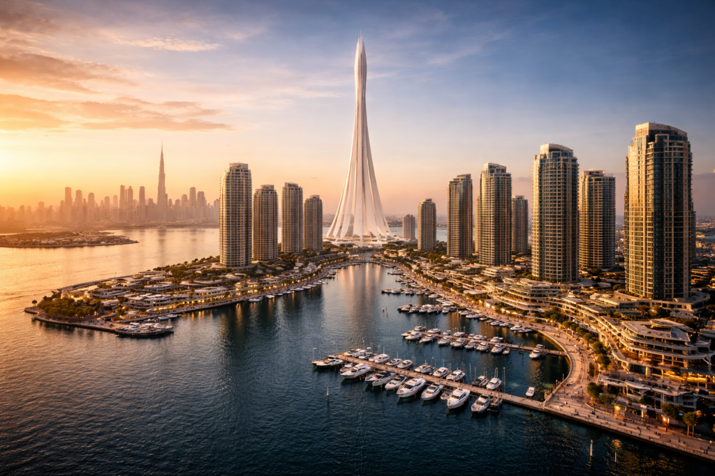 Aerial view of Dubai Creek Harbour at sunset with waterfront towers and marina, illustrating future-focused development and long-term growth.