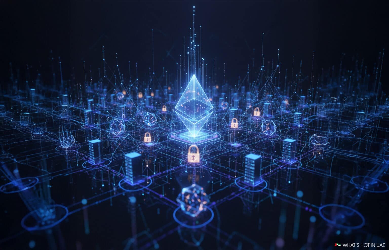 Futuristic digital network featuring a glowing geometric shape at the center, surrounded by data nodes and encrypted connections.