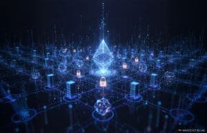 Futuristic digital network featuring a glowing geometric shape at the center, surrounded by data nodes and encrypted connections.