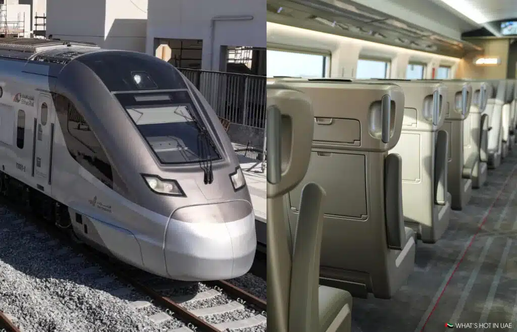 A sleek modern train on tracks, alongside a view of its stylish interior with rows of empty seats.