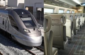 A sleek modern train on tracks, alongside a view of its stylish interior with rows of empty seats.