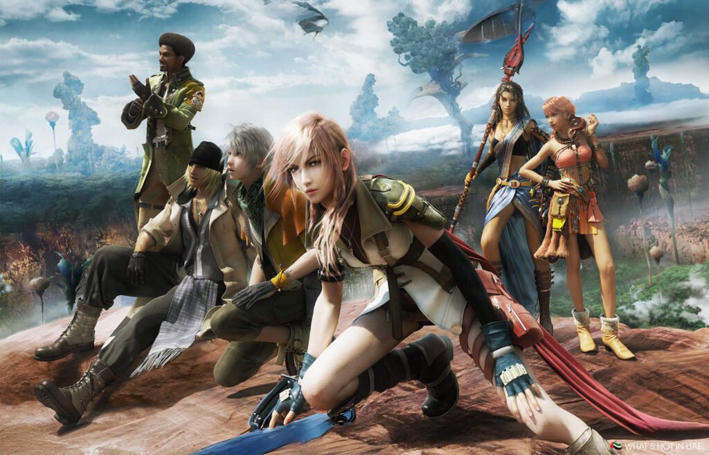 A group of animated characters with distinctive outfits and weapons stands in a dynamic pose amidst a fantastical landscape.