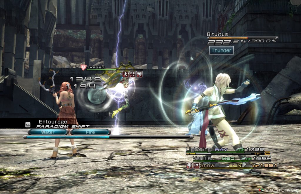 Three characters engage in a battle with a glowing creature, showing health stats and action commands on Final Fantasy 13 PS5 screen.