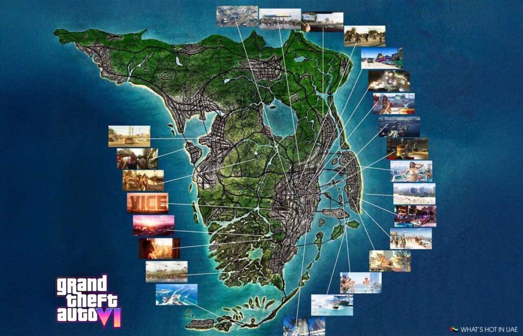 Map of a fictional island with various linked images of game scenes from "GTA 6," displaying diverse landscapes and activities.
