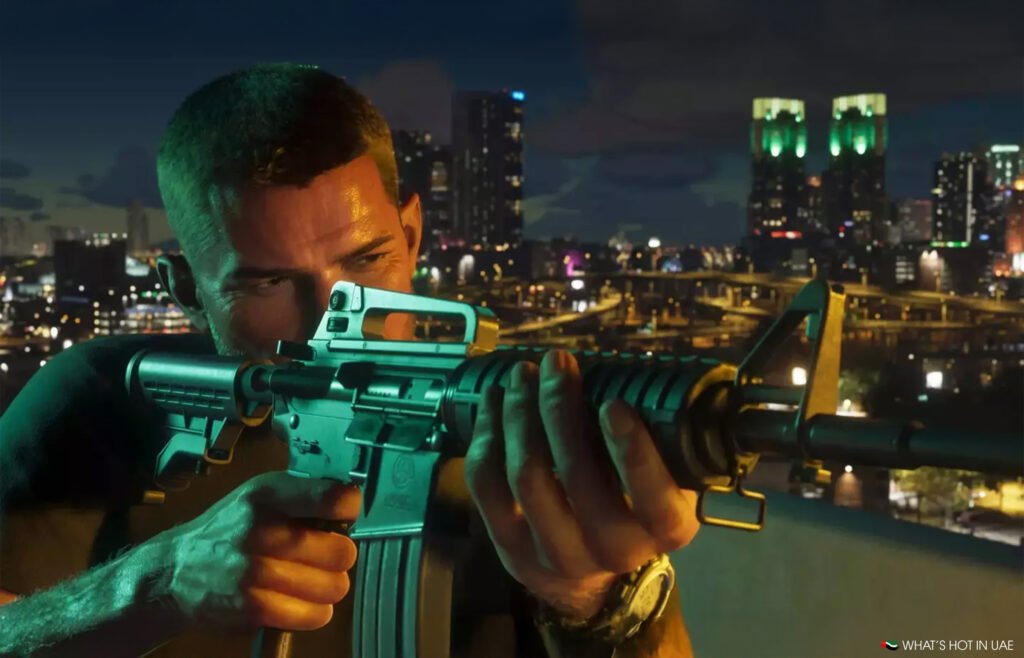 A person is aiming a rifle while standing on a rooftop overlooking a cityscape at night.