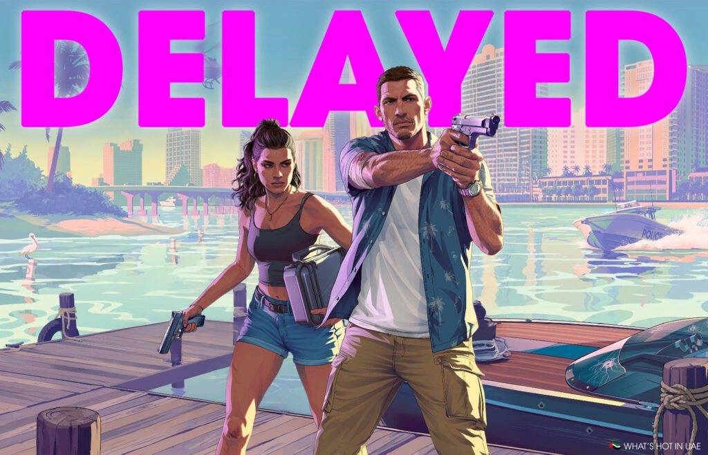 Two animated characters with guns stand on a dock, with "DELAYED" in large pink letters above them.
