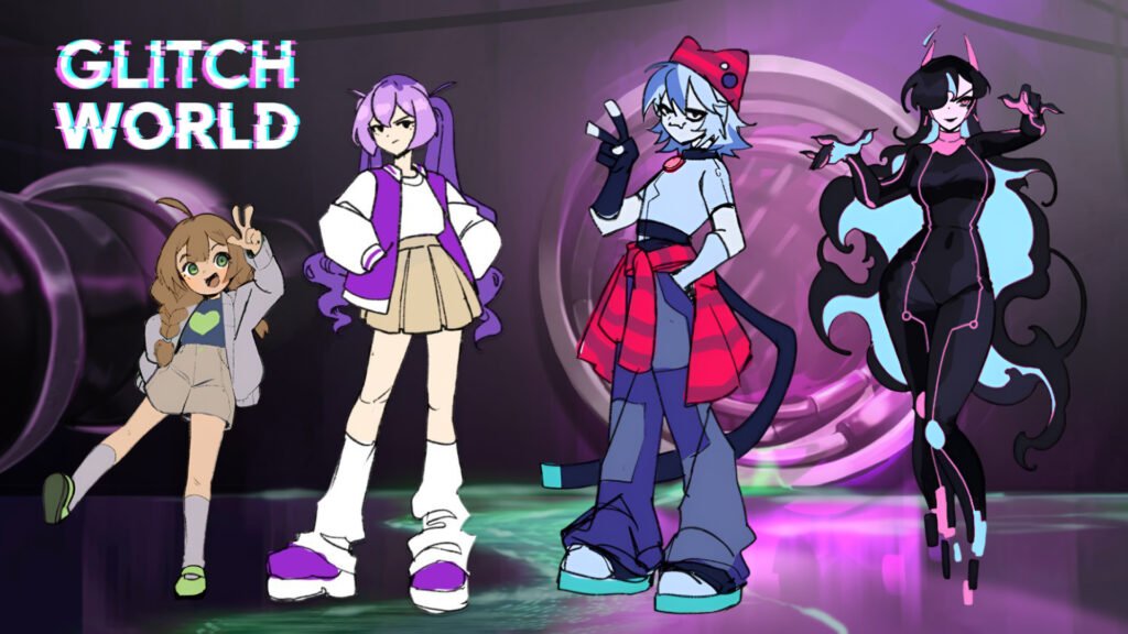 Four stylized anime characters stand in a digital world with the text "GLITCH WORLD" in bold, colorful letters.