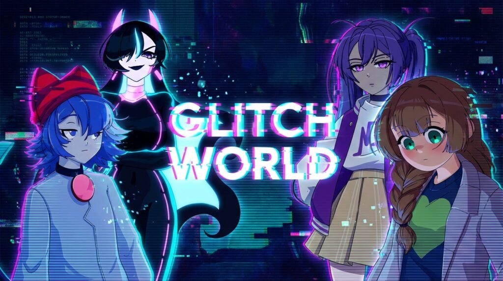 Four animated characters stand in front of the text "GLITCH WORLD" with a digital, glitchy background.
