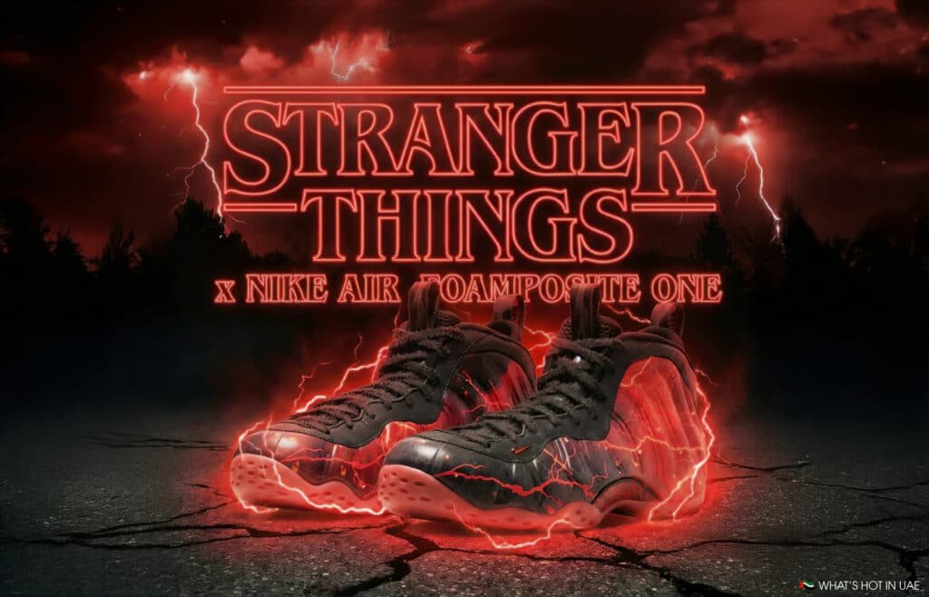 Red and black sneakers with a "Stranger Things" theme under a glowing logo in a dark, eerie forest setting.