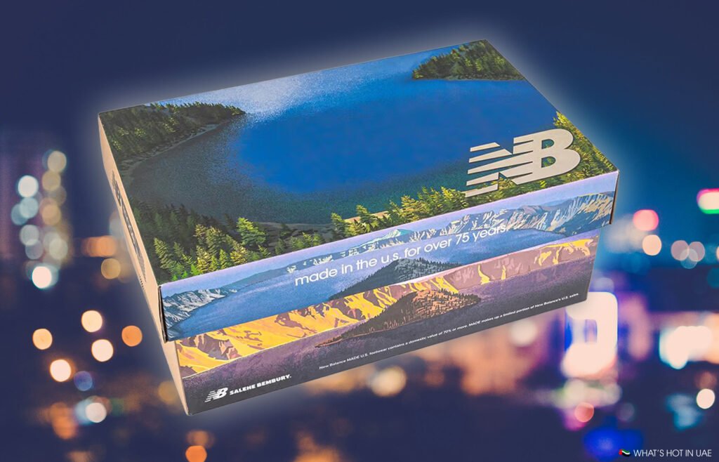 A shoe box adorned with nature scenes and text, "made in the u.s. for over 75 years," on the side.