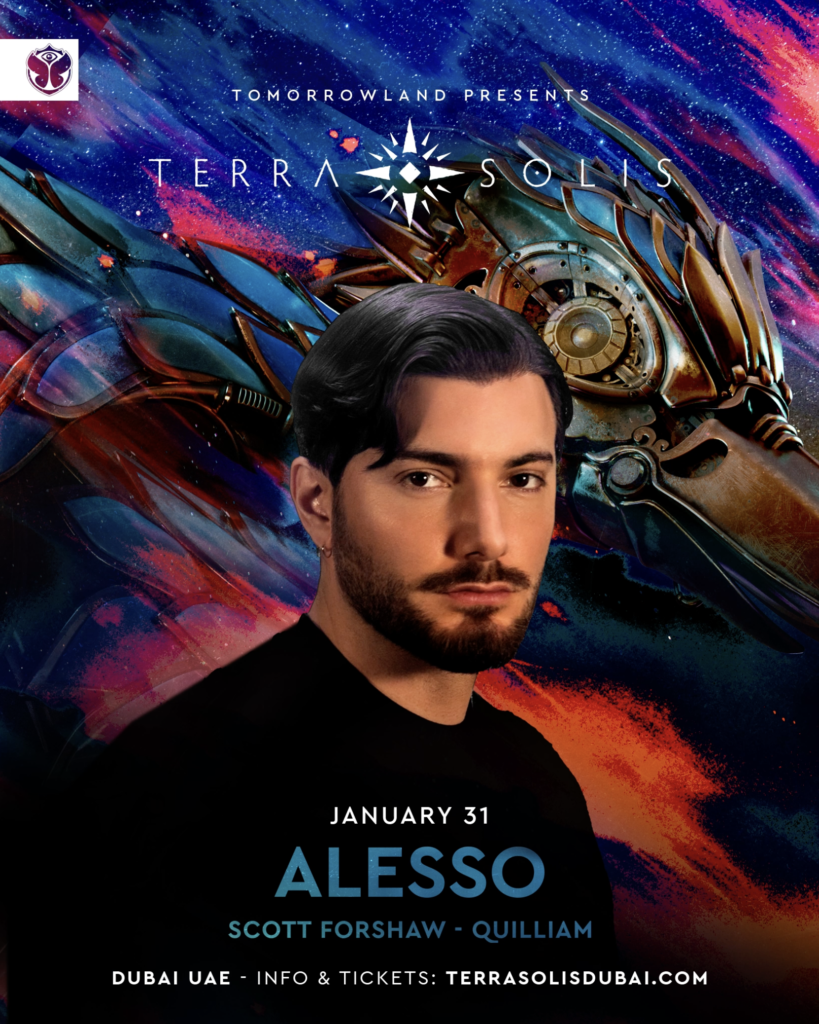 Promotional poster for Terra Solis featuring Alesso, with vibrant abstract art and event details including date and location.