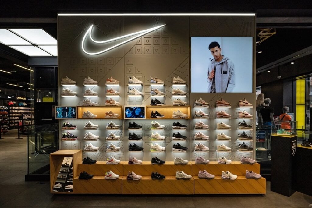 Wall display of various Nike sneakers with a large illuminated logo and a digital screen showing a model wearing sportswear.