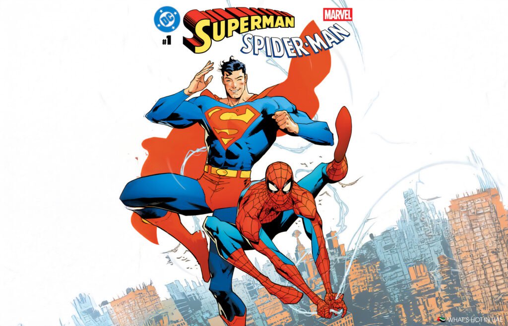 Superman and Spider-Man are dynamically posed against a cityscape background with bold comic-style text above.