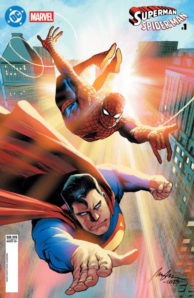 Comic book cover featuring Superman and Spider-Man flying over a city, with bright sunlight highlighting their dynamic poses.