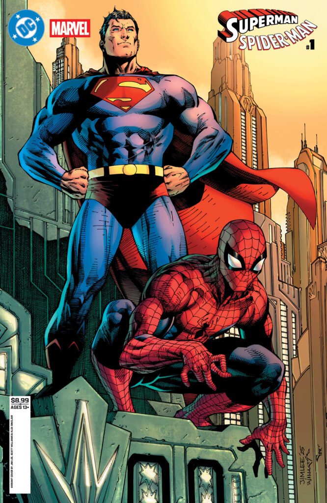 Superman and Spider-Man stand and crouch, respectively, on a rooftop in a cityscape, under comic book branding.