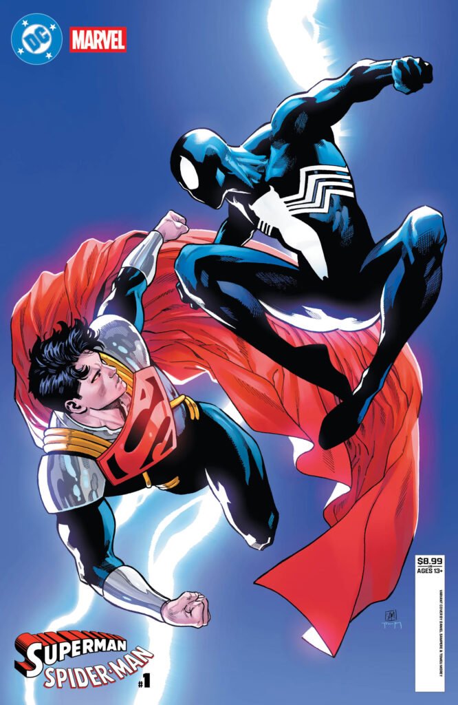 Superman and Spider-Man in a dynamic mid-air battle, wearing their iconic costumes against a blue background.