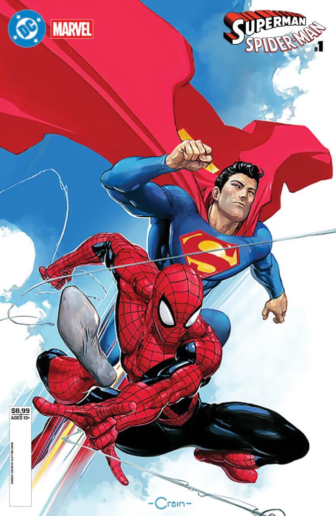 Superman and Spider-Man soar through the sky on a comic book cover, featuring DC and Marvel logos.