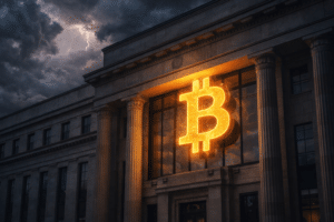 Glowing Bitcoin symbol reflected against a central bank building under stormy skies, illustrating the impact of monetary policy and interest rate decisions on cryptocurrency markets.