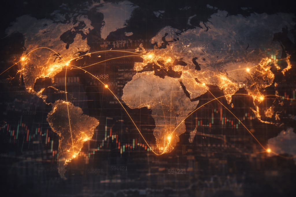 World map with illuminated data lines connecting major financial hubs and subtle Bitcoin price charts, representing geopolitical instability and macroeconomic forces shaping crypto markets.