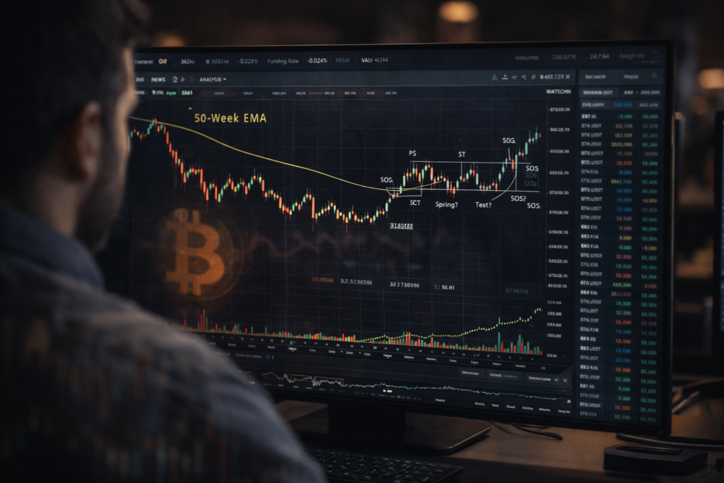 Trader analysing Bitcoin Volatile Future charts on a widescreen monitor with 50-week EMA and Wyckoff accumulation patterns visible, demonstrating professional technical analysis in crypto trading.
