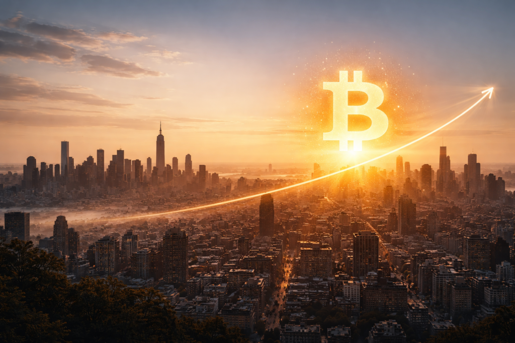 Bitcoin symbol rising above a city skyline at sunrise with an upward price trend line, symbolising long-term Bitcoin growth beyond short-term market volatility.