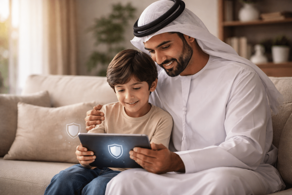 A man in traditional clothing sits with a smiling child on a couch, both looking at a tablet showing a Child Digital Safety Law shield icon.