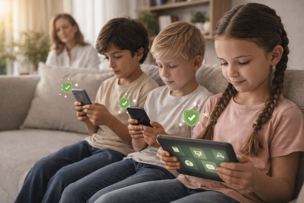 Three children sitting on a couch using electronic devices, with Child Digital Safety Law security icons floating near them, and an adult in the background.