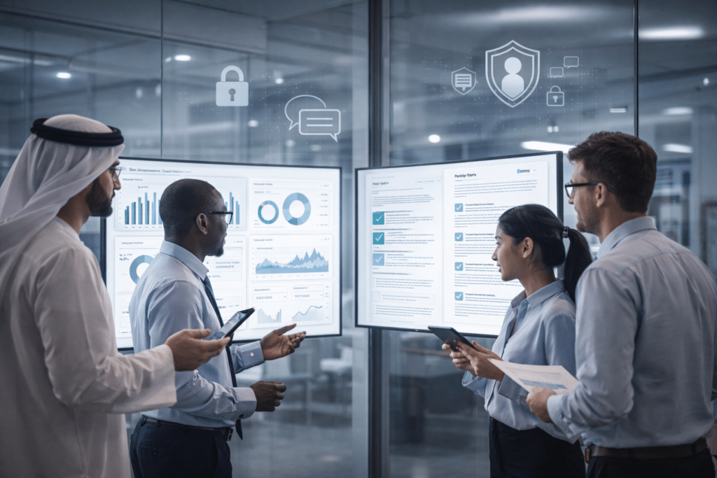 A group of professionals in a modern office examines data on large digital displays, discussing information shown in charts and graphs.