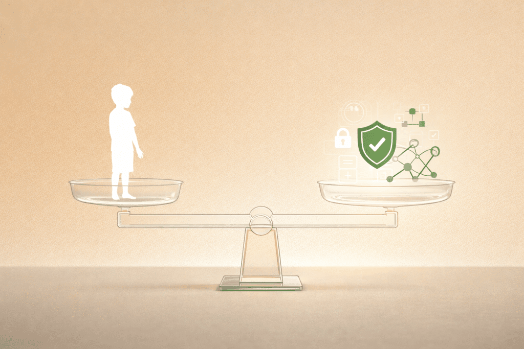 A balance scale with a silhouette of a child on one side and icons representing technology and security on the other.
