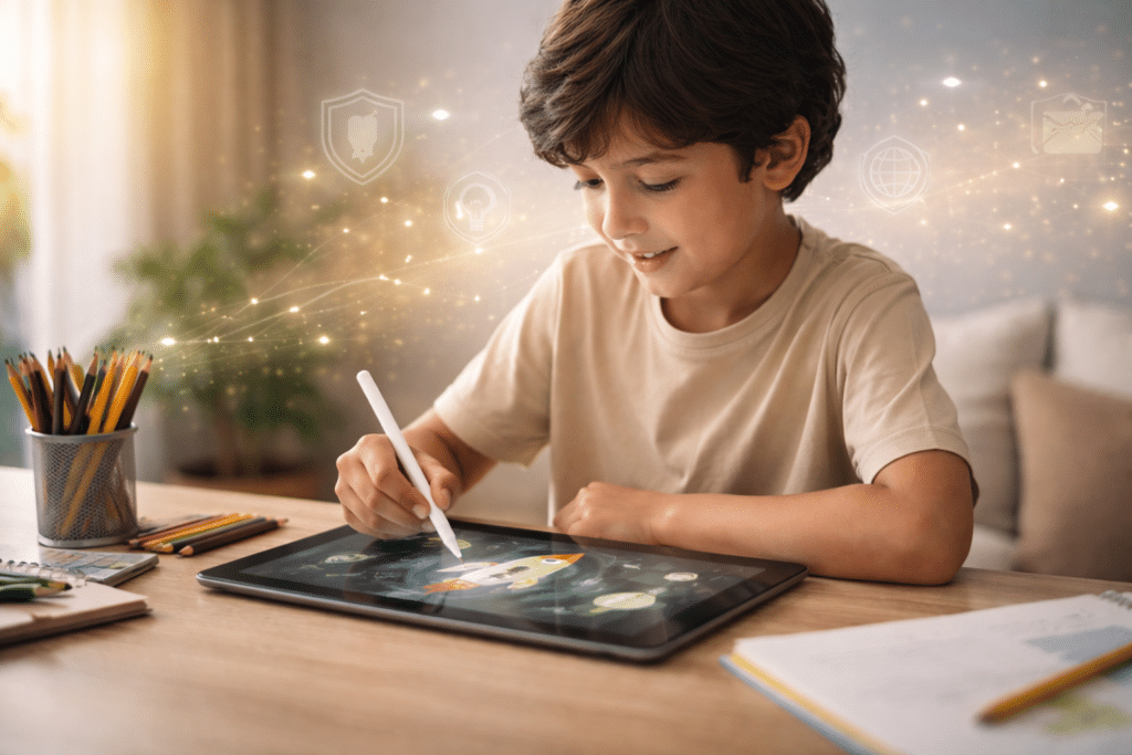 A young boy uses a stylus on a tablet at a desk, surrounded by papers and colorful pencils, with digital icons floating in the air.