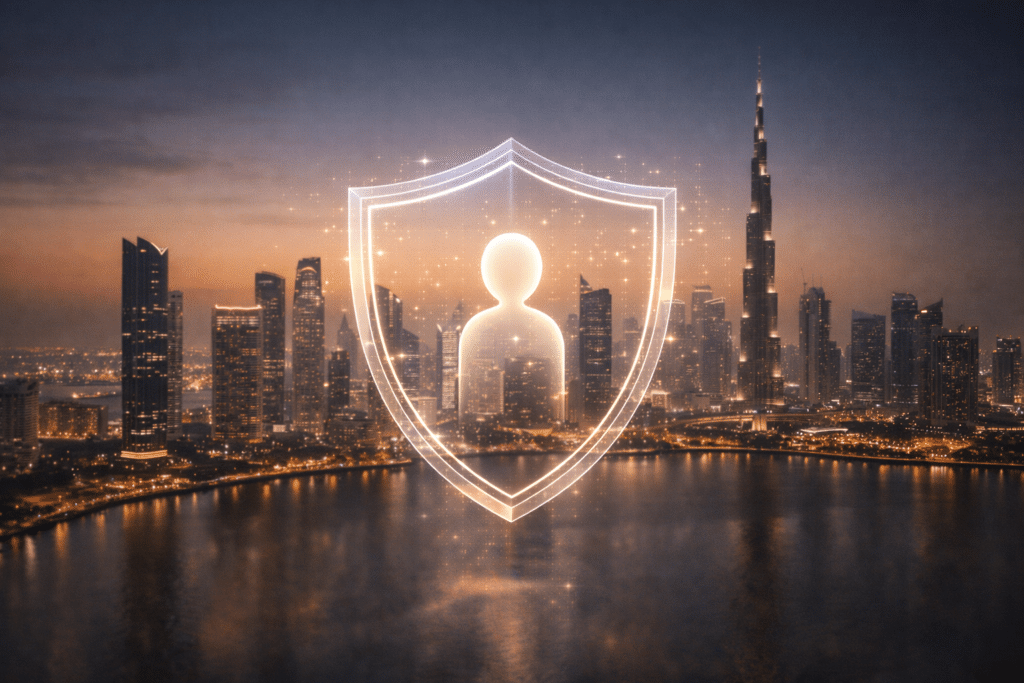 A glowing shield symbol with a person icon overlays a city skyline at dusk, featuring tall skyscrapers.