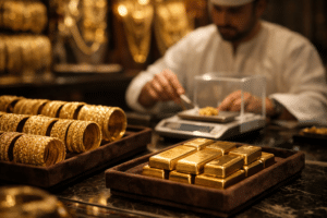 Gold bars and bangles on display at a jewelry shop, with a salesperson weighing gold in the background.
