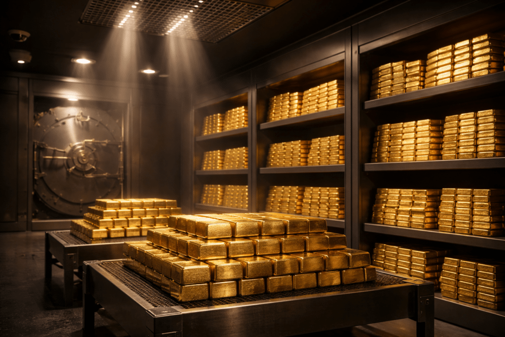 Stacks of gold bars neatly arranged on shelves and tables inside a dimly lit vault to display UAE Gold Price.