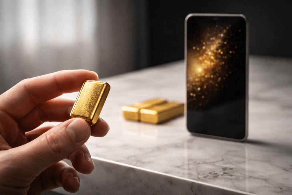 A hand holding a small gold bar in front of a smartphone displaying a glittering gold pattern, with more gold bars on a marble surface.