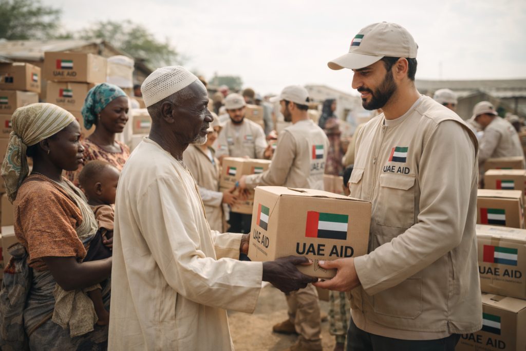 A man in a UAE Aid vest hands a relief box to an elderly man, while others receive aid in the background.