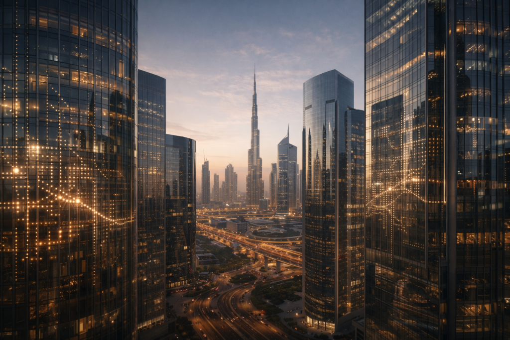 A cityscape at dusk with skyscrapers and prominent city lights, featuring a tall building in the center. Highlighting the UAE's position in the Soft Power Index.