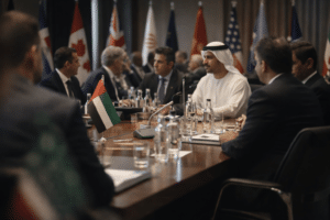 Officials sit around a conference table with flags and microphones, engaging in discussion.