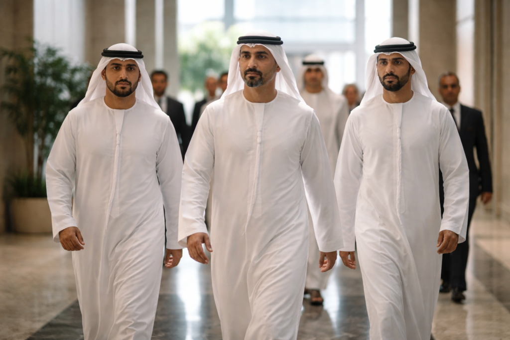 Three men wearing traditional white kanduras and black agal headpieces walk through a modern lobby yo discuss the UAE's position on the Soft Power Index.
