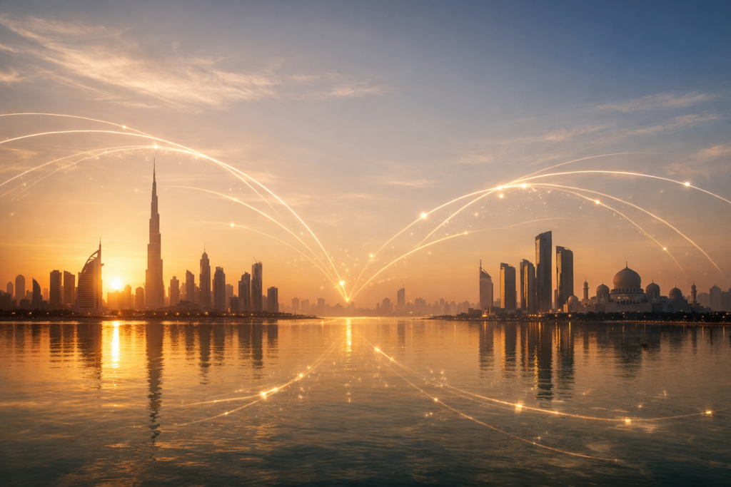 A city skyline at sunset with glowing arcs in the sky reflecting on the water, featuring modern skyscrapers and a dome.